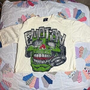 Mixed Emotion Cream Skull Graphic T-Shirt Boxy Raw Hem Streetwear‎ Large